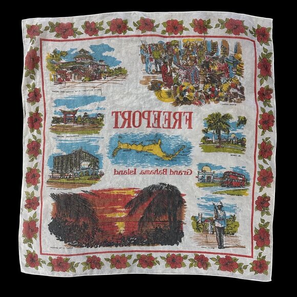 Vintage Freeport Grand Bahama Island Souvenir Scarf Shear Tropical Map Red - Picture 3 of 11